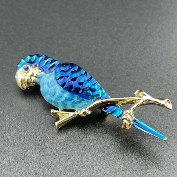 Vintage Blue Enamel Parrot Bird Brooch Pin Gold Tone - Picture 4 of 6